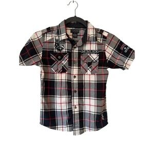 Coogi Boys Plaid Button-Down Shirt Size 7 Short Sleeve Embroidered Cotton Top